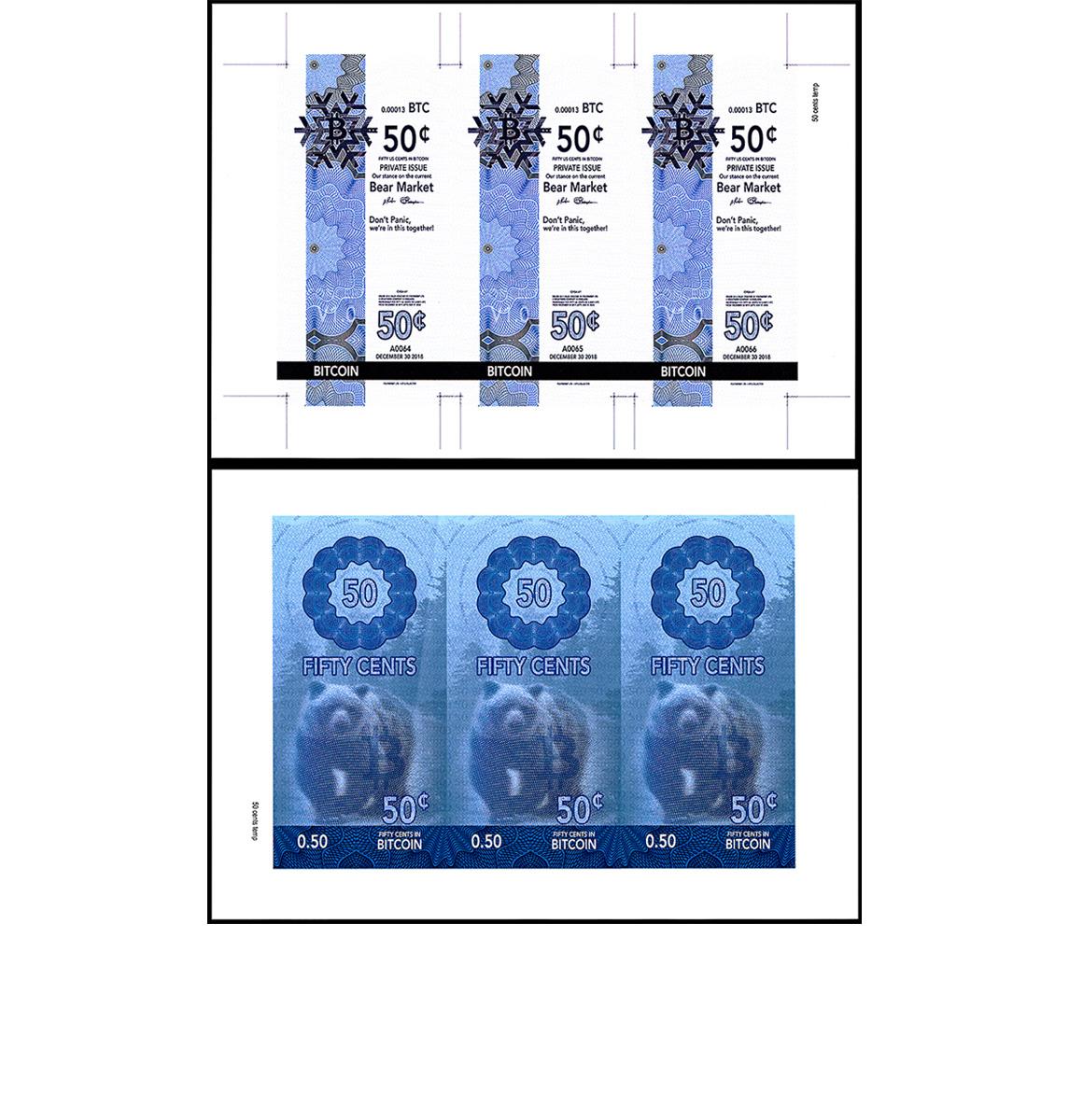 Feuille de trois certificats imprimés à l’encre bleue, un côté comporte un message et l’autre présente les images d’un ours et d’une couronne de fleurs.