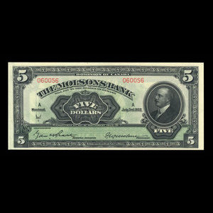 Canada, Molsons Bank, 5 dollars : 3 juillet 1922