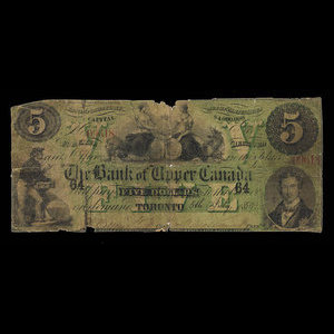 Canada, Bank of Upper Canada (York), 5 dollars : 5 juillet 1859