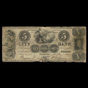 Canada, Banque de la Cité, 5 dollars : 31 décembre 1852