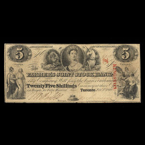 Canada, Farmer's Joint Stock Banking Co., 5 dollars : 1 février 1849