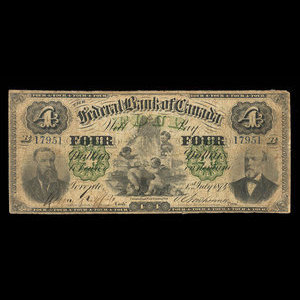 Canada, Federal Bank of Canada, 4 dollars : 1 juillet 1874