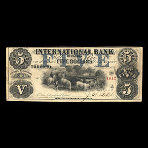 Canada, International Bank of Canada, 5 dollars : 15 septembre 1858