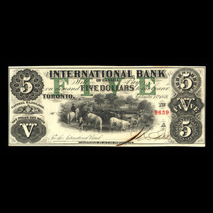 Canada, International Bank of Canada, 5 dollars : 15 septembre 1858