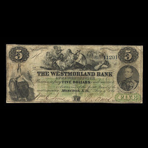 Canada, Westmorland Bank of New Brunswick, 5 dollars : 1 août 1861