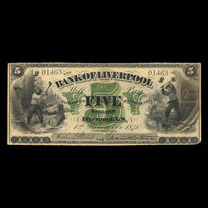 Canada, Bank of Liverpool, 5 dollars : 1 novembre 1871