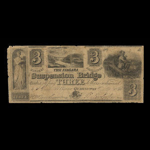 Canada, Niagara Suspension Bridge Bank, 3 dollars : 20 décembre 1836