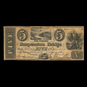 Canada, Niagara Suspension Bridge Bank, 5 dollars : 13 octobre 1840