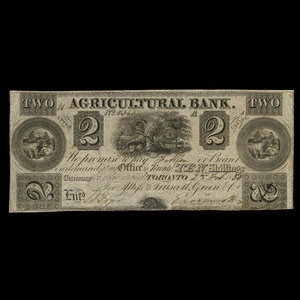 Canada, Agricultural Bank (Toronto), 2 dollars : 2 février 1836