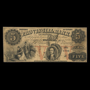 Canada, Provincial Bank of Canada (Stanstead), 5 dollars : 1 avril 1856