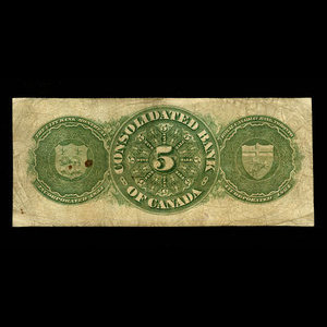 Canada, Consolidated Bank of Canada, 5 dollars : 1 juillet 1876