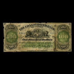 Canada, Consolidated Bank of Canada, 100 dollars : 1 juillet 1876