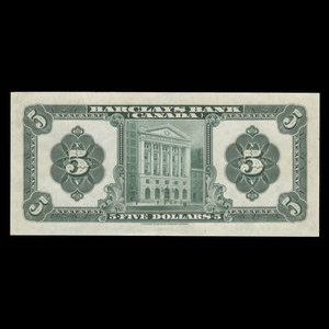 Canada, Barclays Bank, 5 dollars : 3 septembre 1929