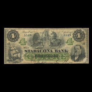 Canada, Stadacona Bank, 4 dollars : 2 avril 1874