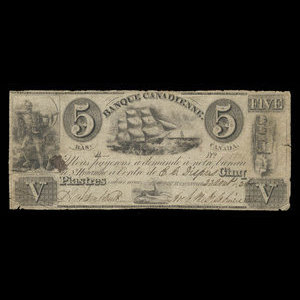 Canada, Banque Canadienne, 5 dollars : 23 août 1836