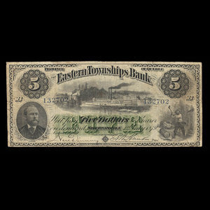 Canada, Eastern Townships Bank, 5 dollars : 1 juillet 1879