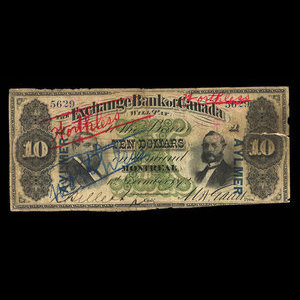 Canada, Exchange Bank of Canada, 10 dollars : 1 novembre 1872