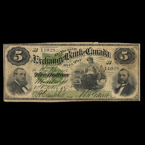 Canada, Exchange Bank of Canada, 5 dollars : 1 octobre 1872