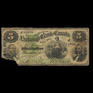 Canada, Exchange Bank of Canada, 5 dollars : 1 octobre 1872