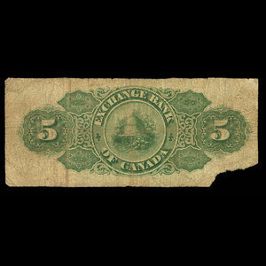 Canada, Exchange Bank of Canada, 5 dollars : 1 octobre 1872