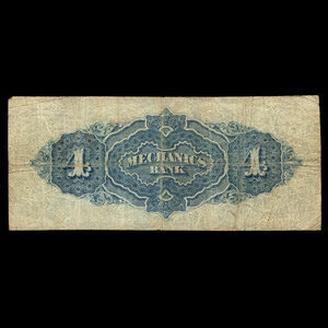 Canada, Mechanics Bank (Montréal), 4 dollars : 1 juin 1872