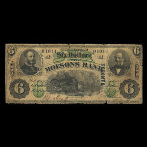 Canada, Molsons Bank, 6 dollars : 5 novembre 1871