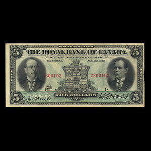 Canada, Banque Royale du Canada, 5 dollars : 2 janvier 1913