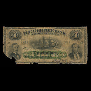 Canada, Maritime Bank of the Dominion of Canada, 4 dollars : 2 janvier 1873