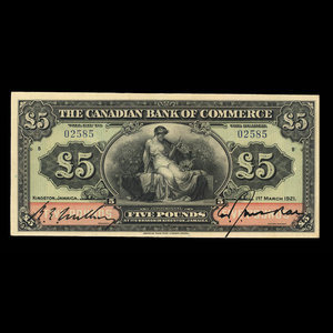 Jamaïque, Canadian Bank of Commerce, 5 livres(anglaise) : 1 mars 1921