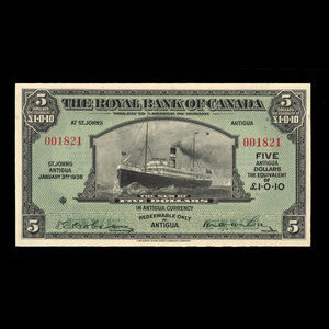 Antigua, Banque Royale du Canada, 5 dollars : 3 janvier 1938