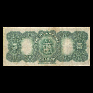 Canada, Molsons Bank, 5 dollars : 2 janvier 1912