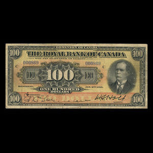 Canada, Banque Royale du Canada, 100 dollars : 2 janvier 1913