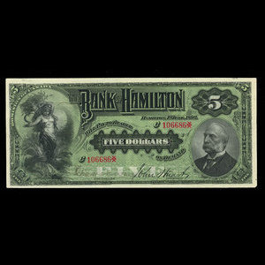 Canada, Bank of Hamilton, 5 dollars : 1 juin 1892