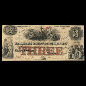 Canada, Farmer's Joint Stock Banking Co., 3 dollars : 1 février 1849