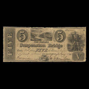 Canada, Niagara Suspension Bridge Bank, 5 dollars : 4 janvier 1841