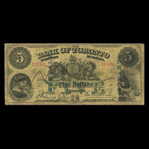 Canada, Bank of Toronto (The), 5 dollars : 1 juillet 1890