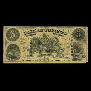 Canada, Bank of Toronto (The), 5 dollars : 1 juillet 1890