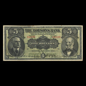 Canada, Molsons Bank, 5 dollars : 2 janvier 1908