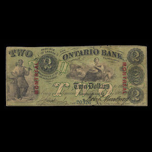 Canada, Ontario Bank, 2 dollars : 15 août 1857