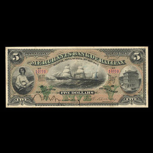 Canada, Merchants' Bank of Halifax, 5 dollars : 2 janvier 1892