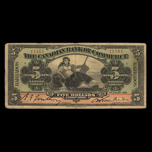 Barbade, Canadian Bank of Commerce, 5 dollars : 2 janvier 1922