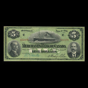 Canada, Merchants Bank of Canada (The), 5 dollars : 1 février 1916