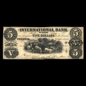 Canada, International Bank of Canada, 5 dollars : 15 septembre 1858