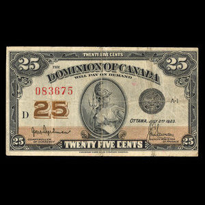 Canada, Dominion du Canada, 25 cents : 2 juillet 1923