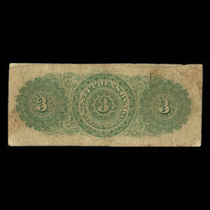 Canada, St. Stephen's Bank, 3 dollars : 1 octobre 1873