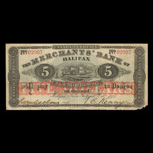 Canada, Merchants' Bank of Halifax, 5 dollars : 1 octobre 1873