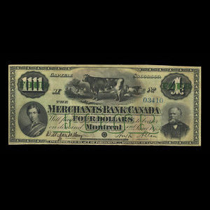 Canada, Merchants Bank of Canada (The), 4 dollars : 2 juin 1873