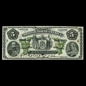 Canada, Bank of British North America, 5 dollars : 28 mai 1886