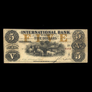 Canada, International Bank of Canada, 5 dollars : 15 septembre 1858