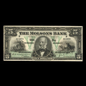 Canada, Molsons Bank, 5 dollars : 2 janvier 1912